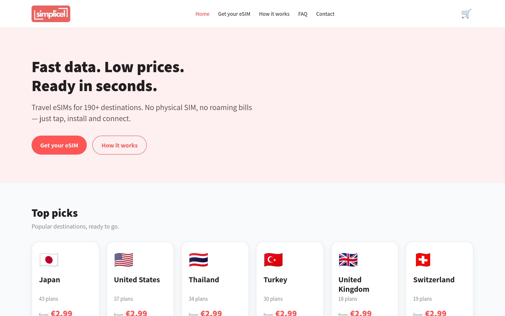 Simplicel homepage — travel eSIM store